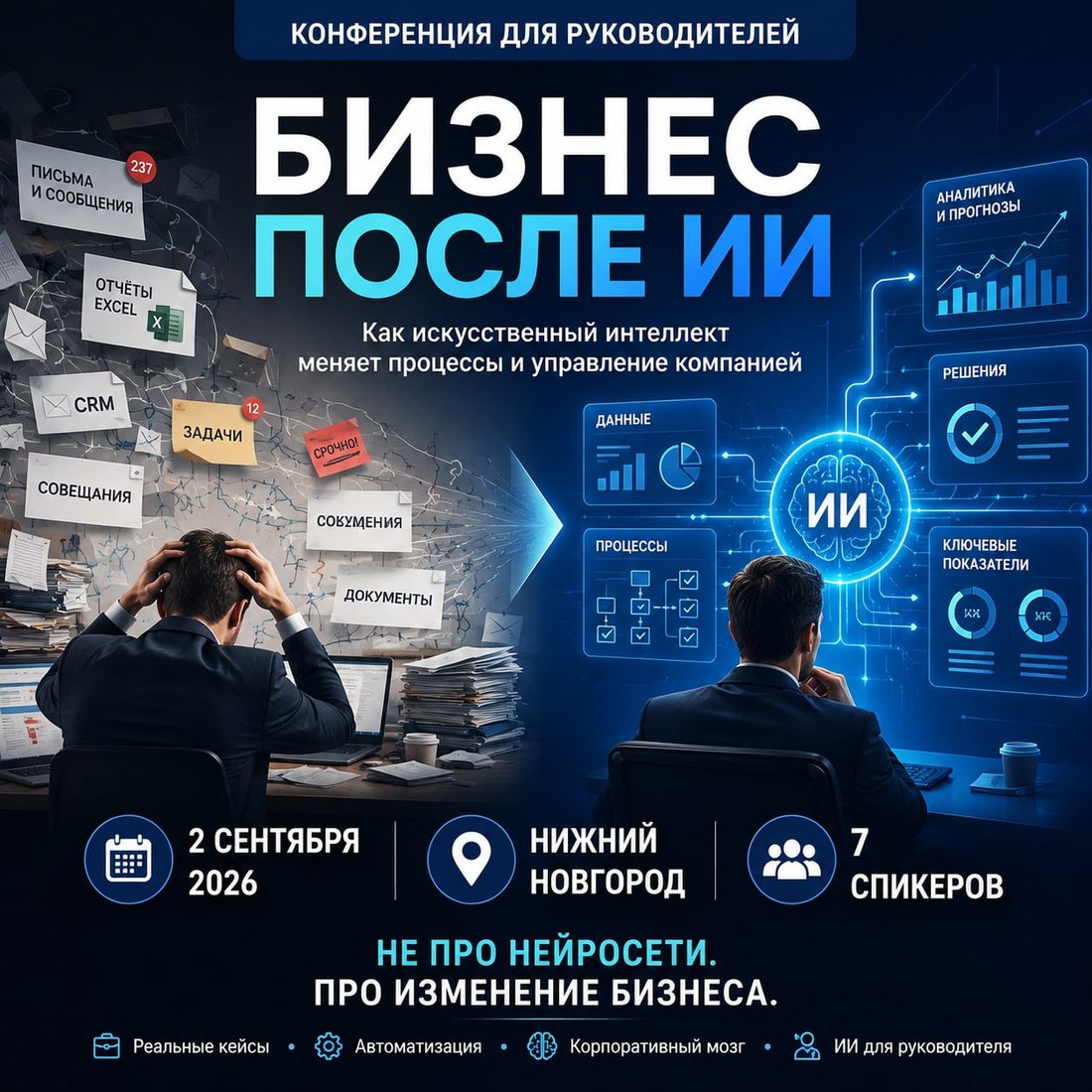 Афиша конференции «Бизнес после ИИ»: 2 сентября 2026, Нижний Новгород, 7 спикеров
